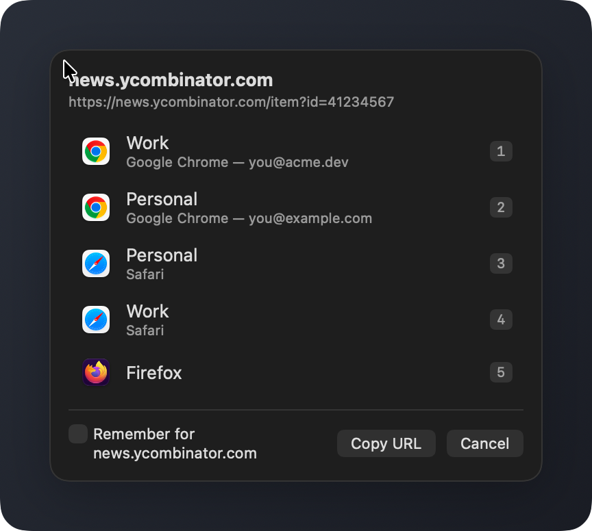 The picker listing Chrome Work, Chrome Personal, Safari Personal, Safari Work and Firefox with number shortcuts