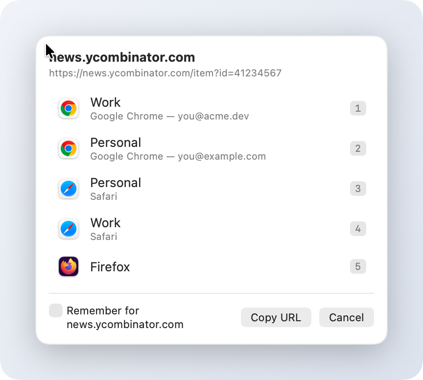 The picker listing Chrome Work, Chrome Personal, Safari Personal, Safari Work and Firefox with number shortcuts