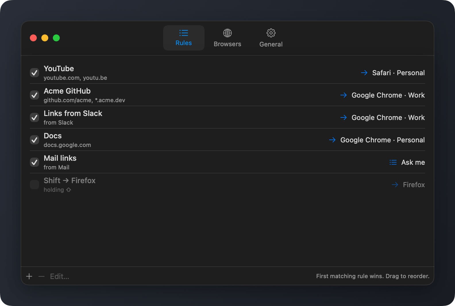 Slinky's Rules settings: a list of rules, each showing its conditions and the browser and profile it opens