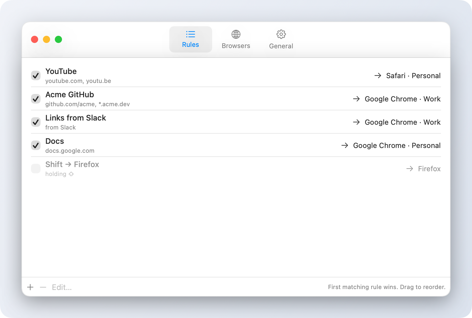 Slinky's Rules settings: a list of rules, each showing its conditions and the browser and profile it opens